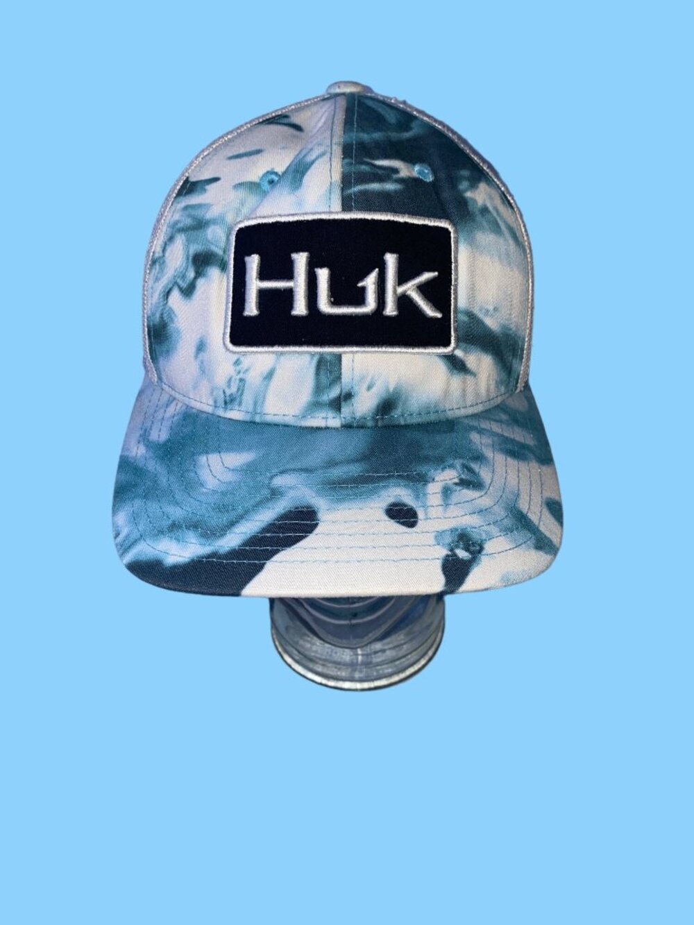 HUK Fishing Hat Mossy Oak Angler Anti-Glare Huk'd Up Mesh Trucker Blue White Cap